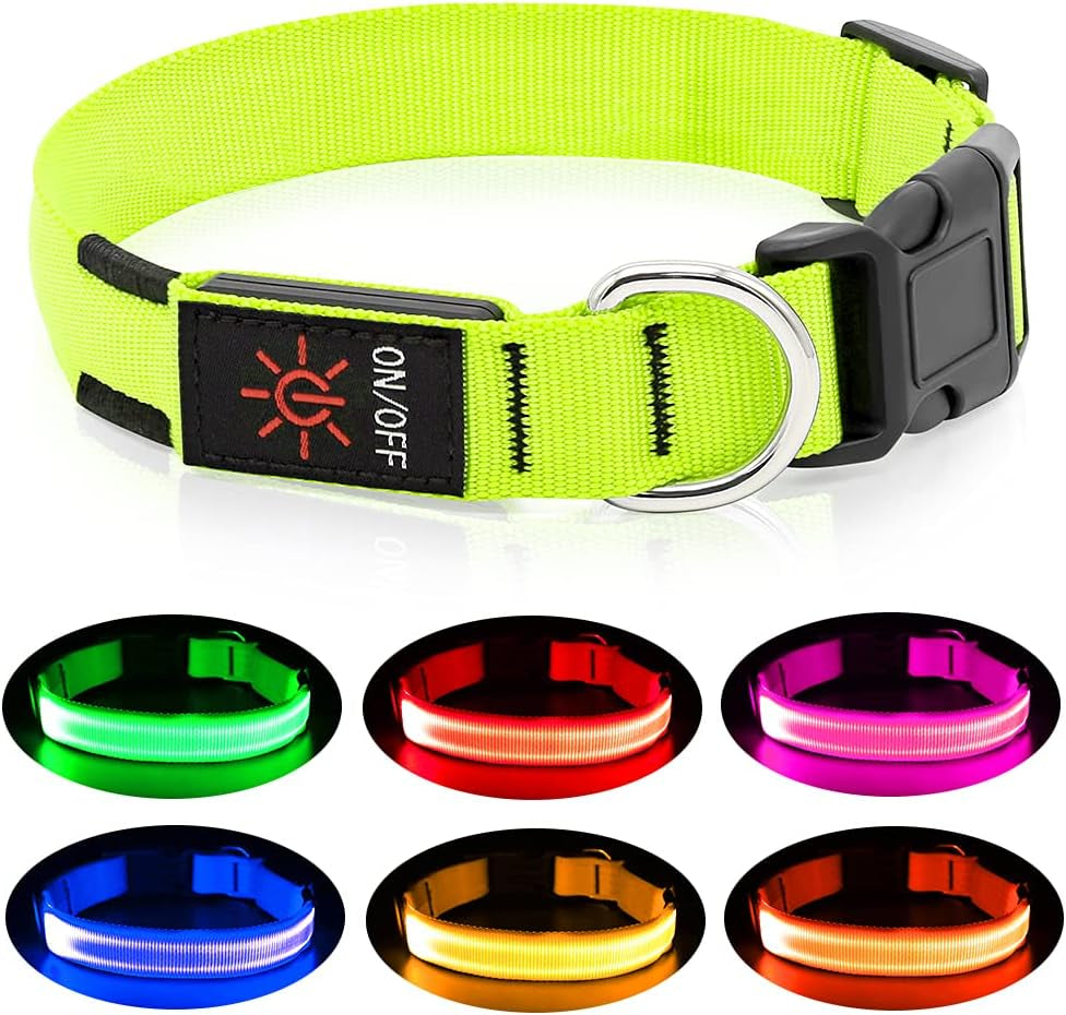 LED Dog Collar Light USB Rechargeable Light up Collar Adjustable Glowing Pet Collar Super Bright for Night Safety Dog Collar with 6 Colors for Large, Medium, Small Dogs (Green, Medium)